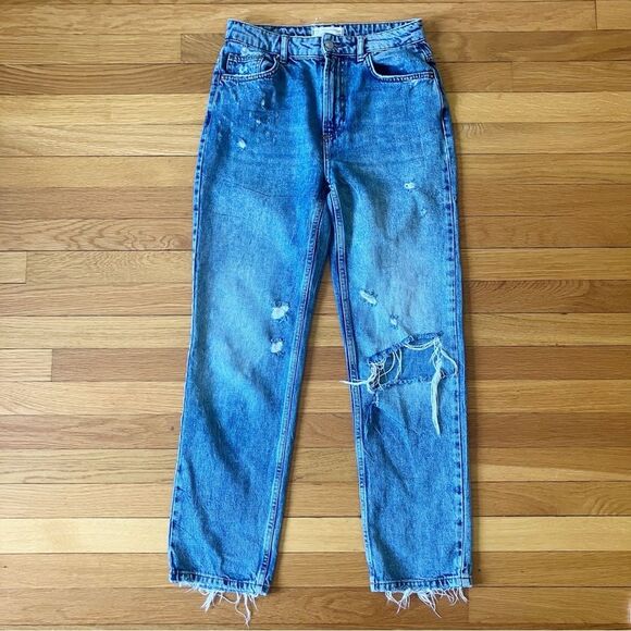 We The Free People Blue Distressed Straight Leg High Rise Denim Jeans 27 - Picture 1 of 11